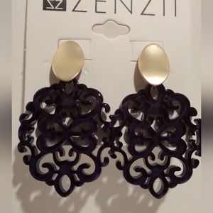 Black Resin Mia Damask Drop Post with Gold Tone Accent Earrings 2"